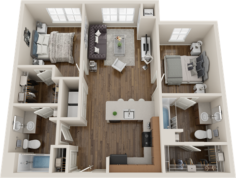 Floor plan for 2 beds, 2 baths, 890 sqft
